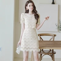 2022 summer new womens clothing korean version high end temperament round neck short sleeve lace fashion fake two piece dress