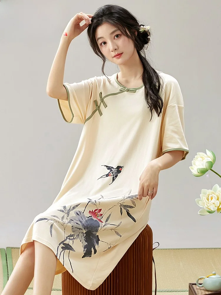 Ночная рубашка женская летняя из чистого хлопка с короткими рукавами в китайском