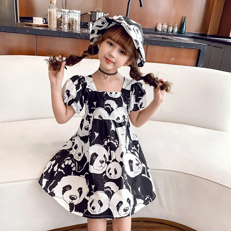

Panda Pattern Girl Dress Square Neck 2022 New Children's Short Sleeve Skirt Summer Long Dress Cheap Hat Spring Autumn Skirt