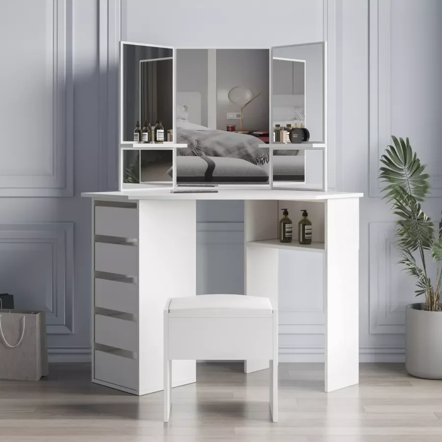 

Corner Dressing Table Makeup Desk with Three-Fold Mirror and 5 Drawers Wooden Bedroom Vanity Table (White)