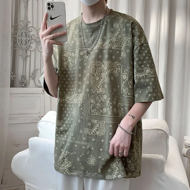 

2023 Summer Loose Oversized Men's Clothing Trend Handsome Korean Version Fashion Printed Short Sleeve Round Neck Casual T-shirt