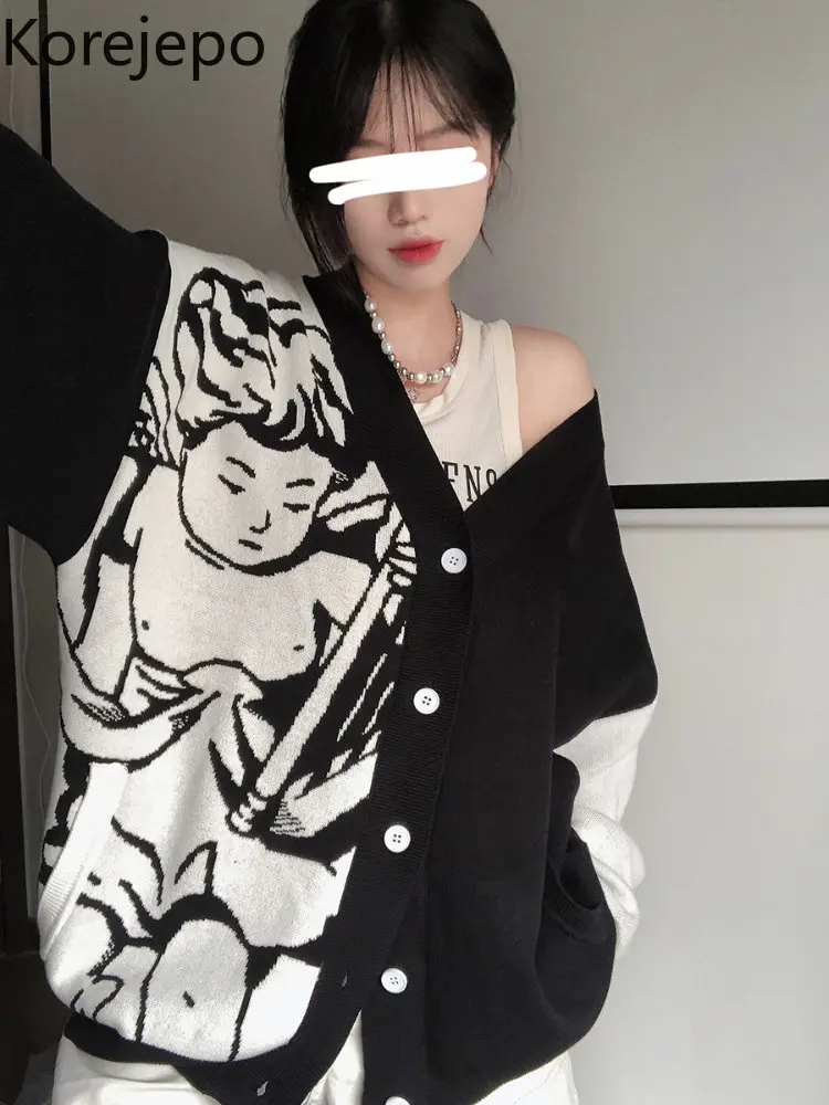 

Винтажный жаккардовый свитер кореjepo, кардиган, пальто, женский топ на осень и зиму 2022, свободные универсальные трикотажные топы контрастных...