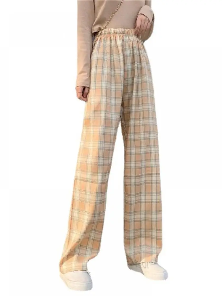 Брюки женские тонкие в клетку повседневные свободные штаны с широкими штанинами
