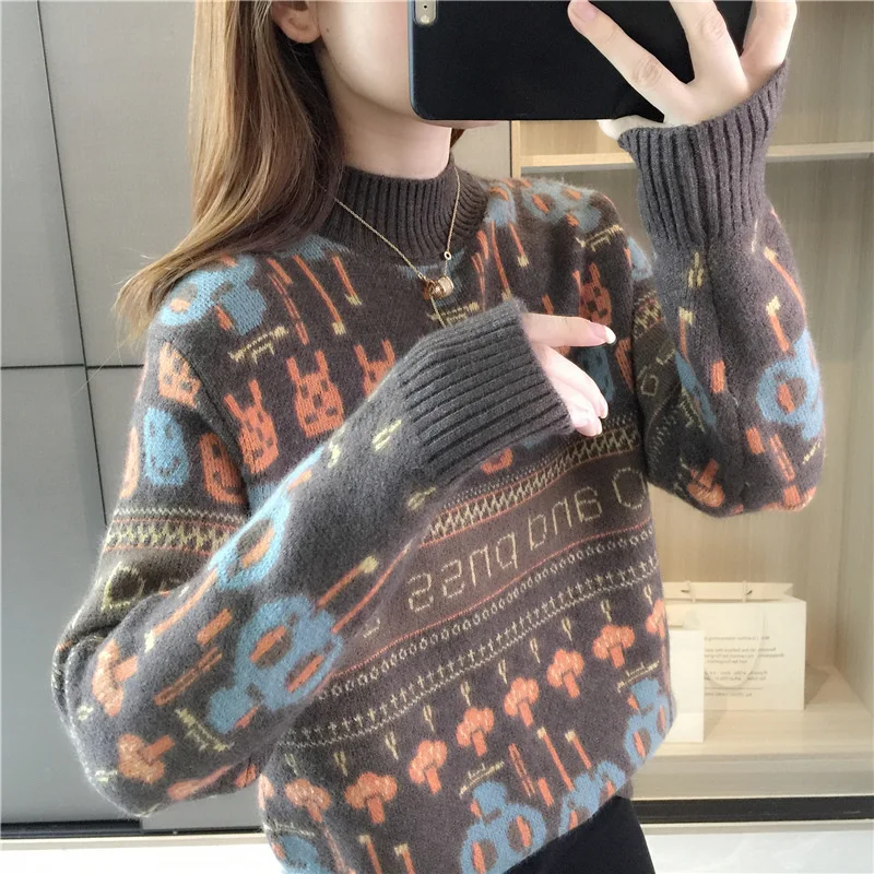 

Pullover Sweater Women Half Turtleneck Inner Knitted Bottom Shirt Printed Casual Loose Outer Wear Womens Sweaters Clothing