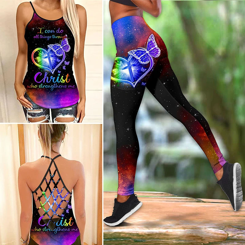 

Fashion Women's Sexy Butterfly 3D Print Criss-Cross Tank Top and Legging Set Tank Tops High Waist Leggings for Ladies Yoga Suit