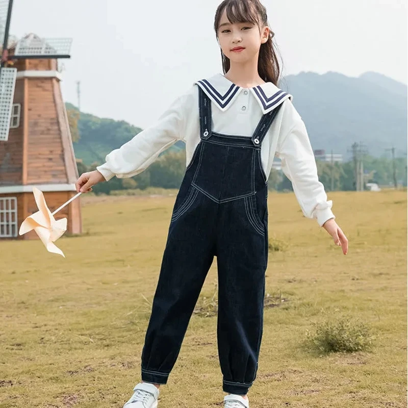 

Джинсовый комбинезон для девочек, Модный повседневный комбинезон в Корейском стиле для студентов среднего и старшего возраста, свободная в...