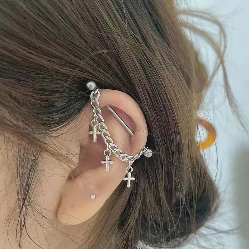 

1PC Stainless Steel Industrial Piercing Helix Piercing Ear Stud Pierc Double Chain Industrial Barbell Body Pircing Punk Jewelry