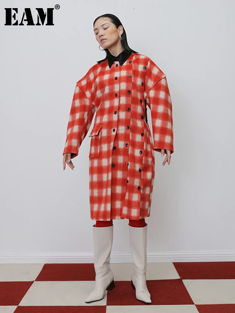 

[EAM] Loose Fit Red Plaid Button Split Big Size Woolen Coat Parkas New Long Sleeve Women Fashion Spring Autumn 2023 19A-a419