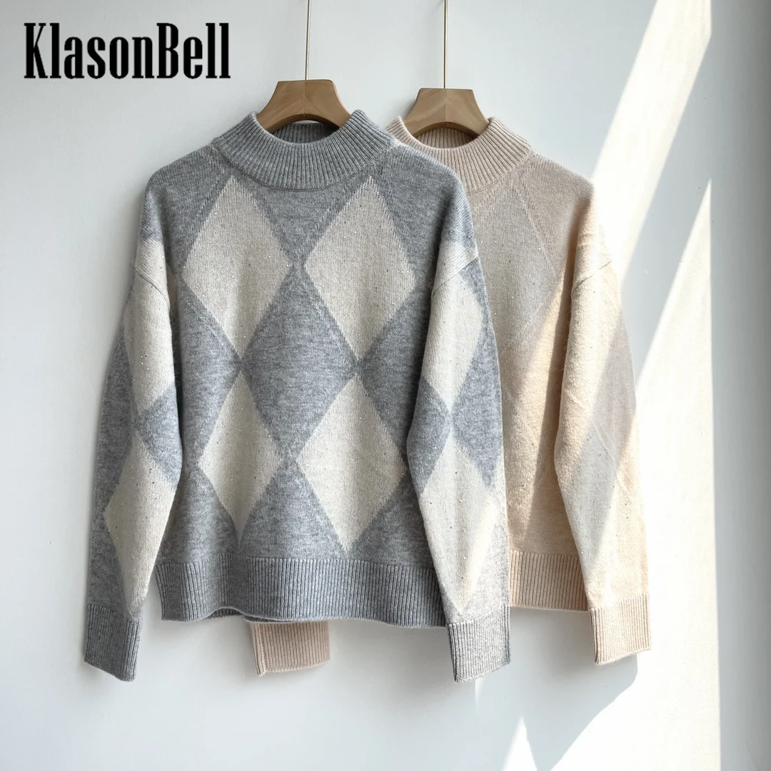 10.29 KlasonBell блестки вышивка Argyle клетчатый свитер с высоким воротником осень-зима