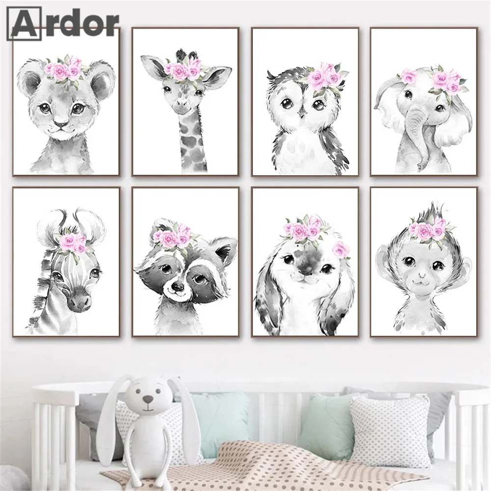 

Jungle Animals Canvas Painting Nursery Posters Elephant Lion Wall Art Print Pink Flower Picture Nordic Poster Girls Room Decor