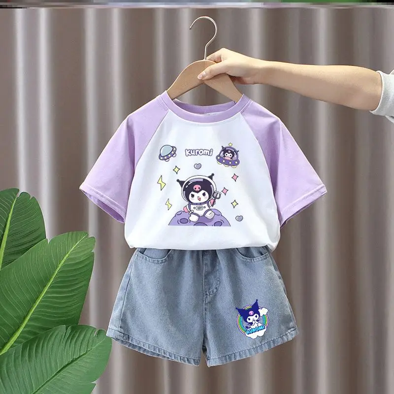 

Sanrio2023 Children's Summer New Kuromi Girls' Suit Clothes Short Sleeve T-shirt Shorts Sisters Same Style Girl's Birthday Gift