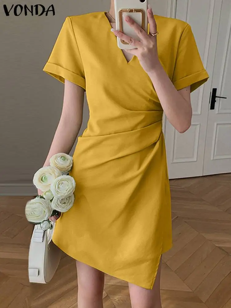 

Fashion Dress 2023 VONDA Women Summer Deep V Neck Short Sleeve Sundress Sexy Solid Color Mini Party Dress Casual Robe Femme