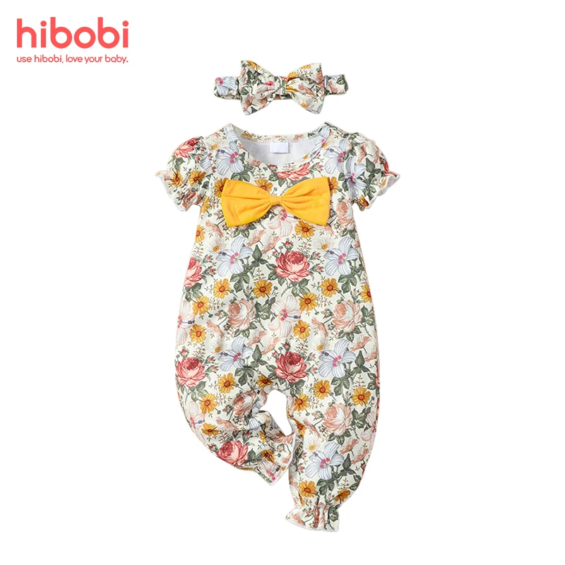 

hibobi Baby Girl Floral Bowknot Bodysuit with Headband