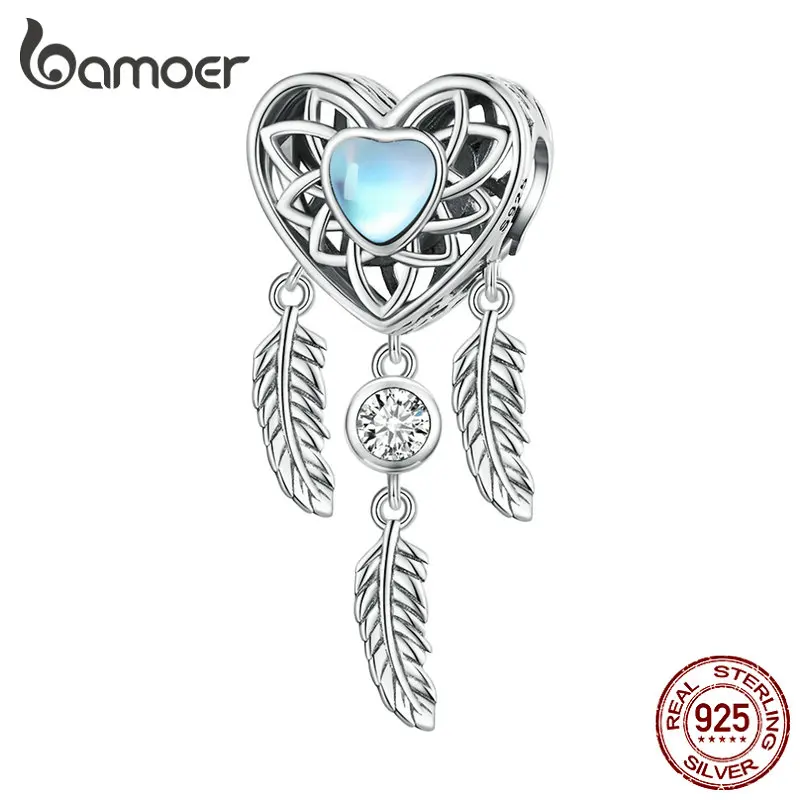 

Женский браслет и ожерелье Bamoer, голубой кулон в форме сердца из стерлингового серебра 925 пробы с бусинами и перьями