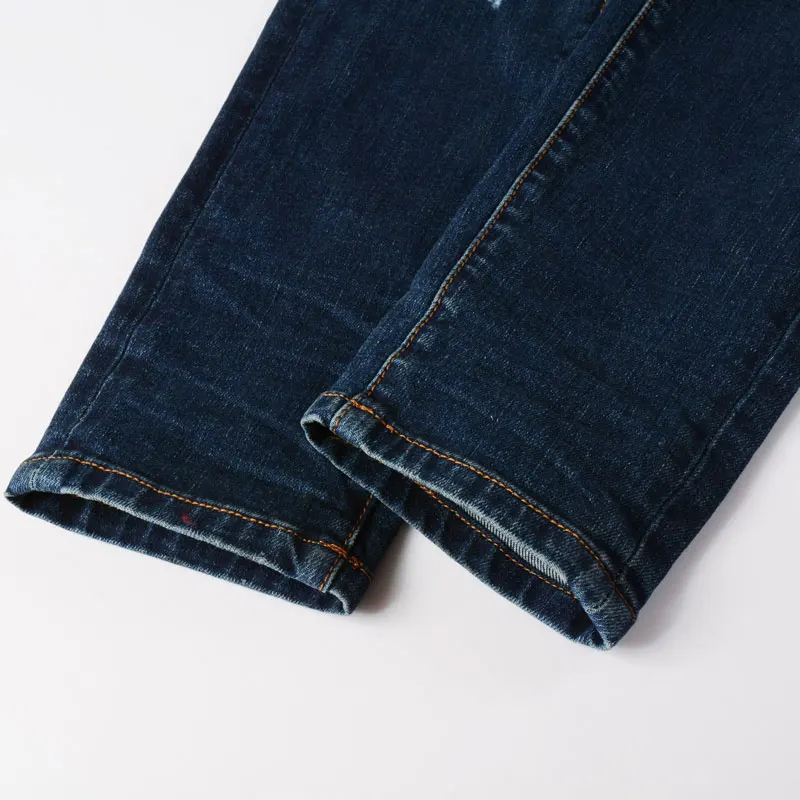 High Street Fashion Men Jeans Retro Dark Blue Elastic Stretch Skinny Ripped Jeans Men Leather Patched Hip Hop Brand Pants Hombre
