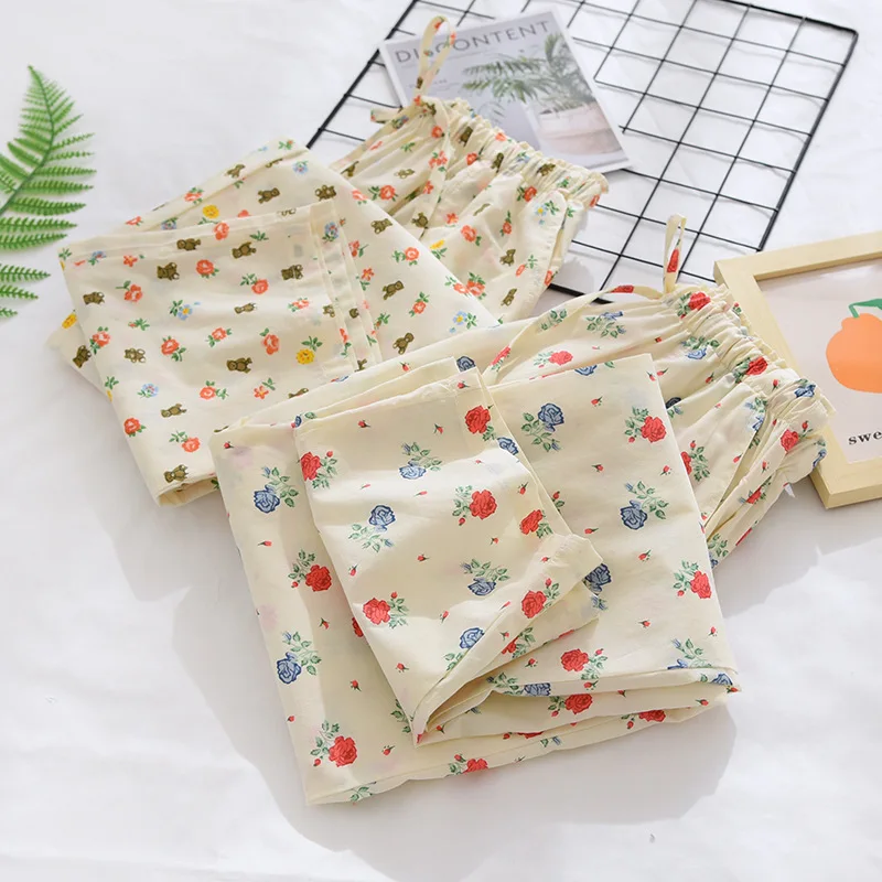 Plain Cloth Rural Floral Pajama Pants Female Summer Thin Encryption Cotton Side Pockets Home Large Can Be Worn Outside Trousers