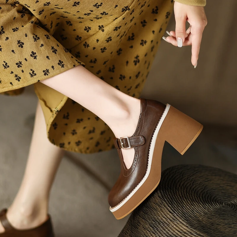 NEW Spring Women Shoes Round Toe Chunky Heel Mary Janes Split Leather Platform Shoes for Women Fashion Solid High Heels Women
