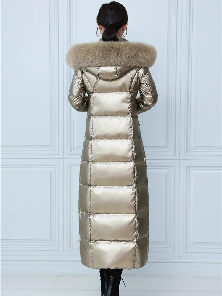 New Women Washfree Glossy Surface Down Coat Lengthened Fashion Detachable Real Fox Fur Collar Thicken Warm Slim Long Down Jacket