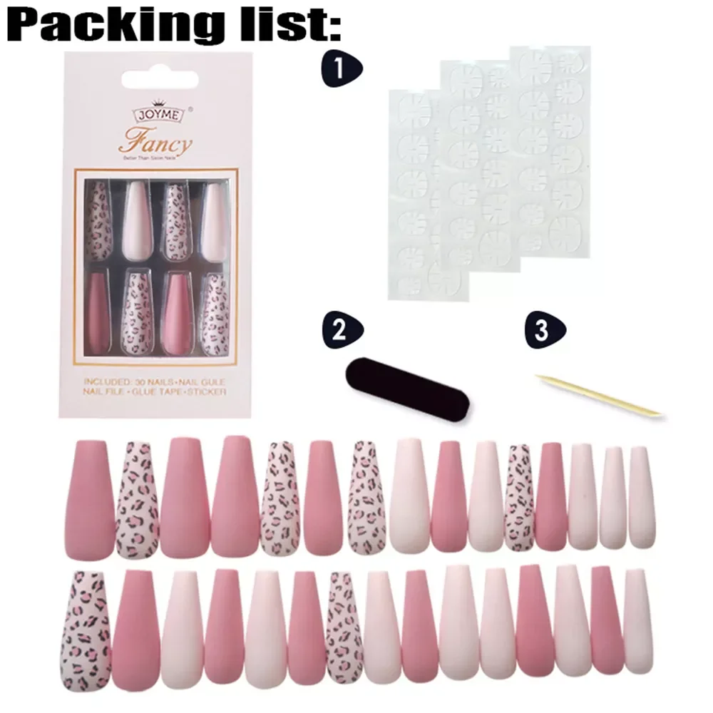 

NEW Pink Leopard Designs False Nails French Long Coffin Fake Nail Fashion Artificial Full Cover Nail Art Tips Press on Nail
