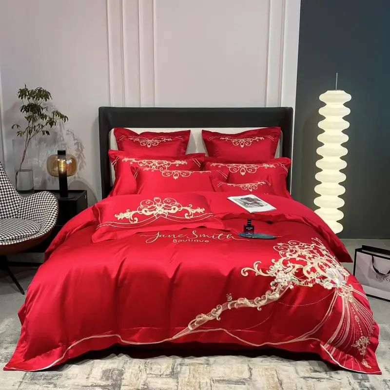 

Свадебный комплект постельного белья из красного атласа и хлопка с вышивкой, Королевский размер, 4 шт., роскошный мягкий пододеяльник, простыня, Льняные Наволочки