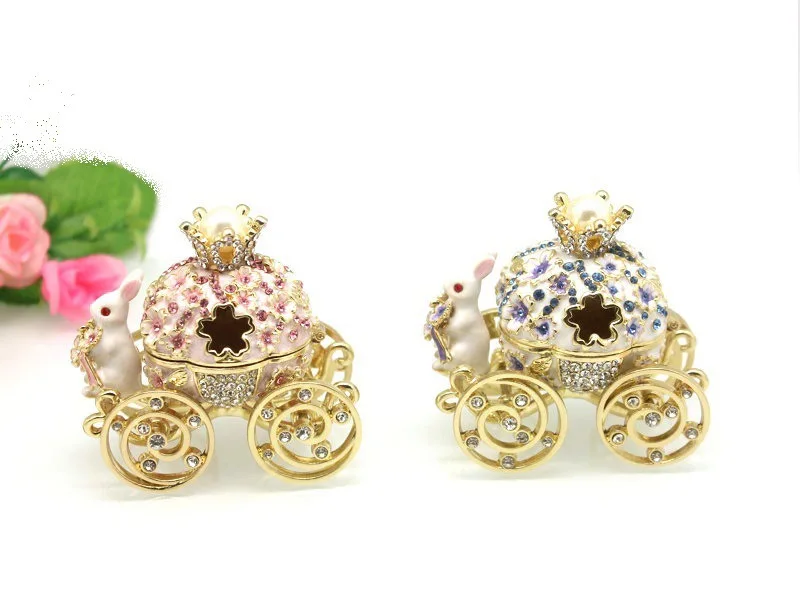 Bunny Pumpkin Carriage with Flowers Jewelry Trinket Box Hinged Hand-Painted Enamel Ornaments Gift for Home Decor