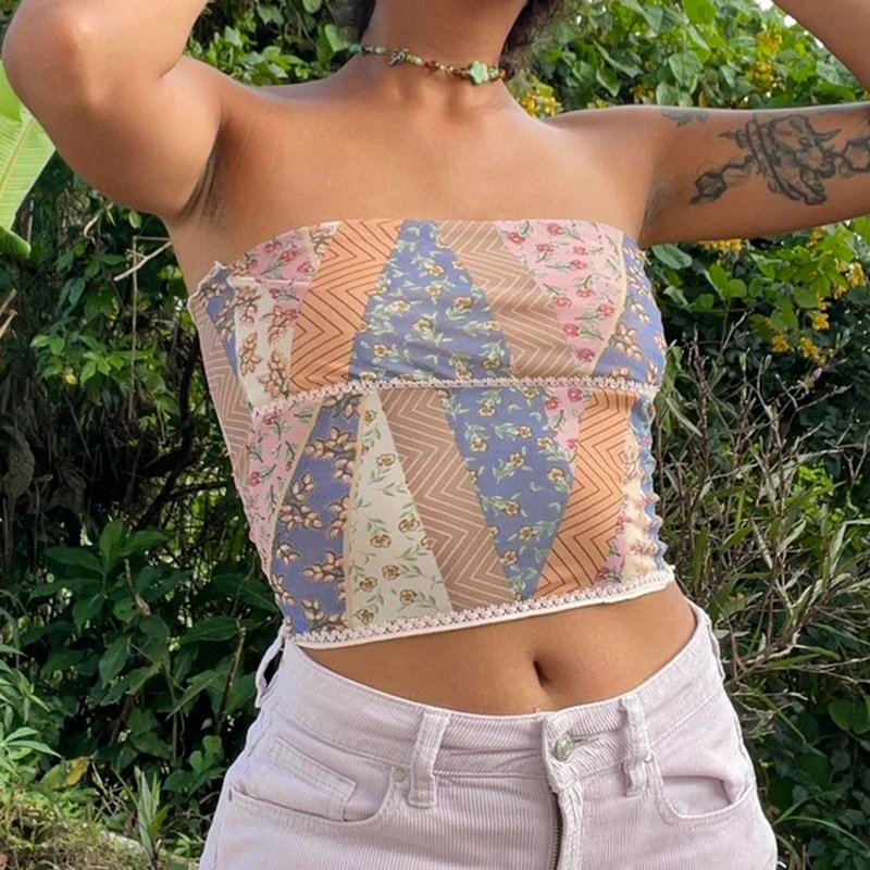 

Винтажный кружевной топ-бандо в стиле 90-х, без бретелек, топы-трубы в стиле коттедж, Y2K, сетчатый прозрачный топ с графическим рисунком, майка с открытой спиной