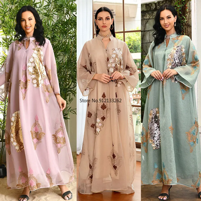 

Women Moroccan Kaftan Muslim Abaya Dubai Evening Dress Luxury Party Sequined Embroidered Dresses Ramadan Eid Clothes