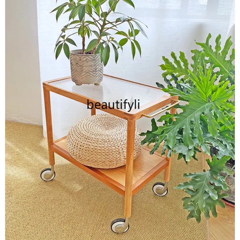 

yj Nordic Retro Solid Wood Sofa Side Table Storage Rack with Wheels Storage Cart Coffee Table