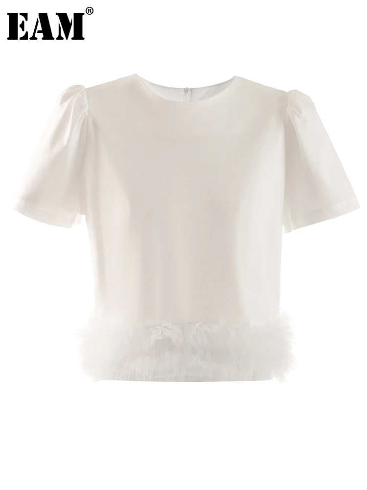 

[EAM] Women White Black Hem Mesh Casual Elegant T-shirt New Round Neck Short Sleeve Fashion Tide Spring Summer 2023 1DF8389