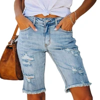 womens fashion summer street tassel high elastic small feet denim mid waist five point pants ripped jeans female hot pants
