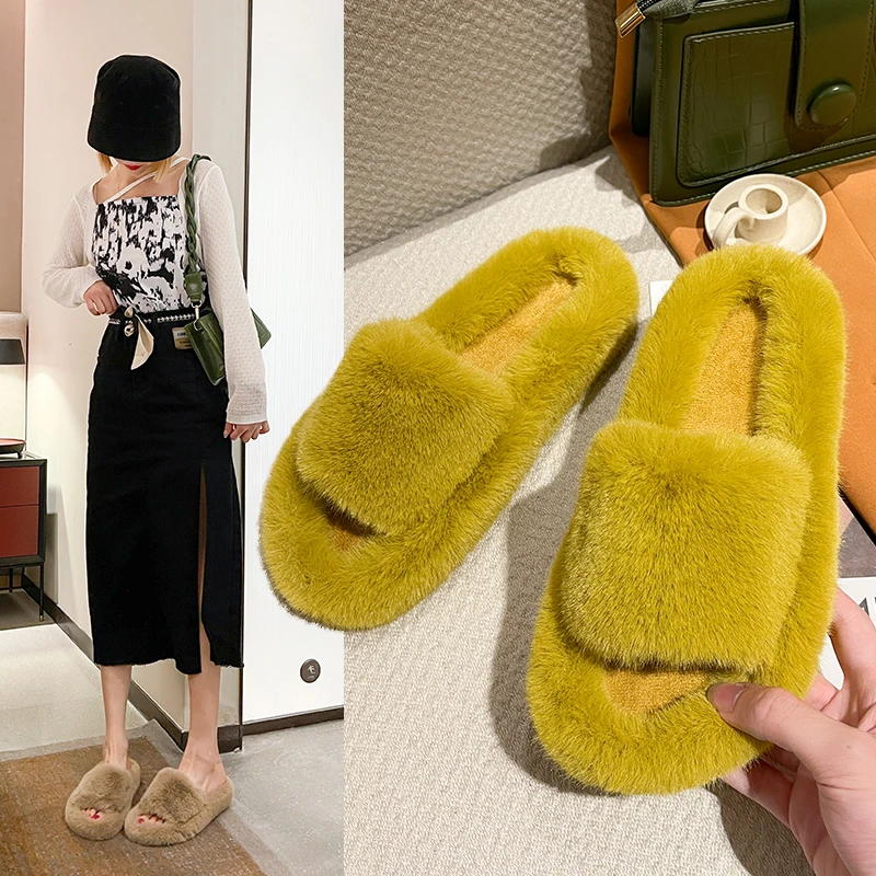 Fluffy Slippers Furry Woman Men Sabot Plush Flat Comfortable Elegant Indoor Bedroom House Shoes Winter Home Big Size Soft Warm