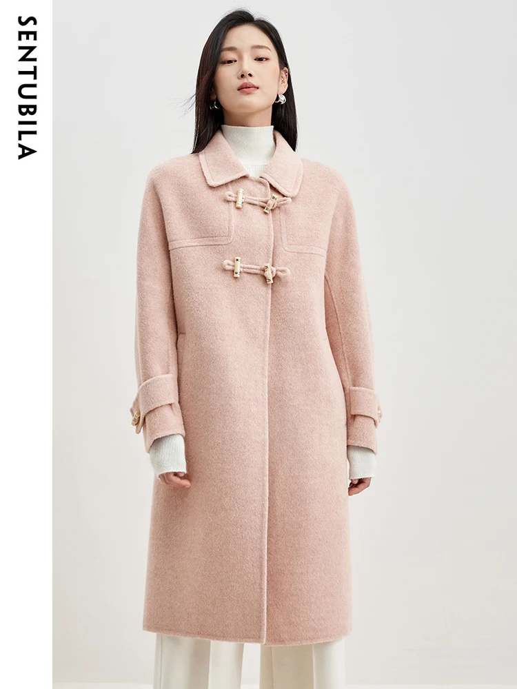 

Sentubila 100% Wool Woolen Coats Women 2023 Autumn Winter Long Double Sided Horn Button Lapel Loose Gentle Overcoats W34O50824