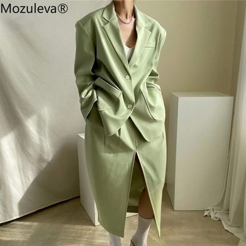 

Mozuleva Vintage Ladies 2 Pieces Blazer Set Full Sleeve Suit Jackets & High Waist Split Loose Skirts Elegant Women Skirt Suits