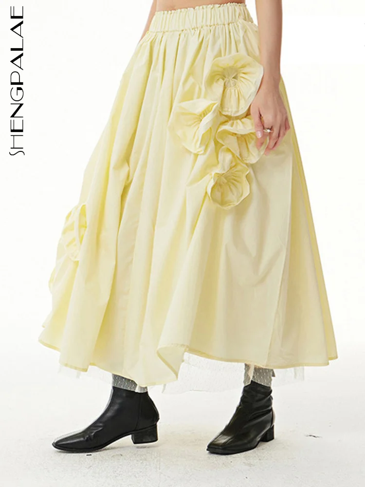 

SHENGPALAE Женская сетчатая юбка трапециевидной формы длиной до щиколотки, трехмерный цветочный дизайн, высокая талия 2022, осень-лето, новинка ...