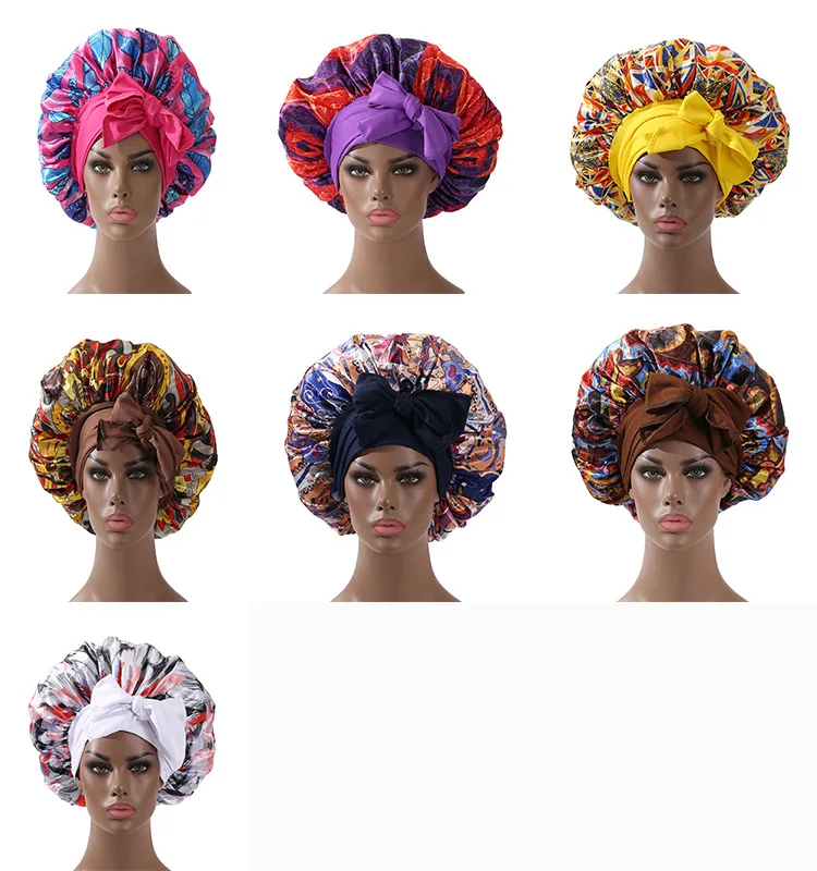 Satin Bonnet Lange Schwanz Afrikanischen Stil Druck Bonnets für Frauen Dusche Kappe Womans Hüte Haar Motorhaube für Schlaf