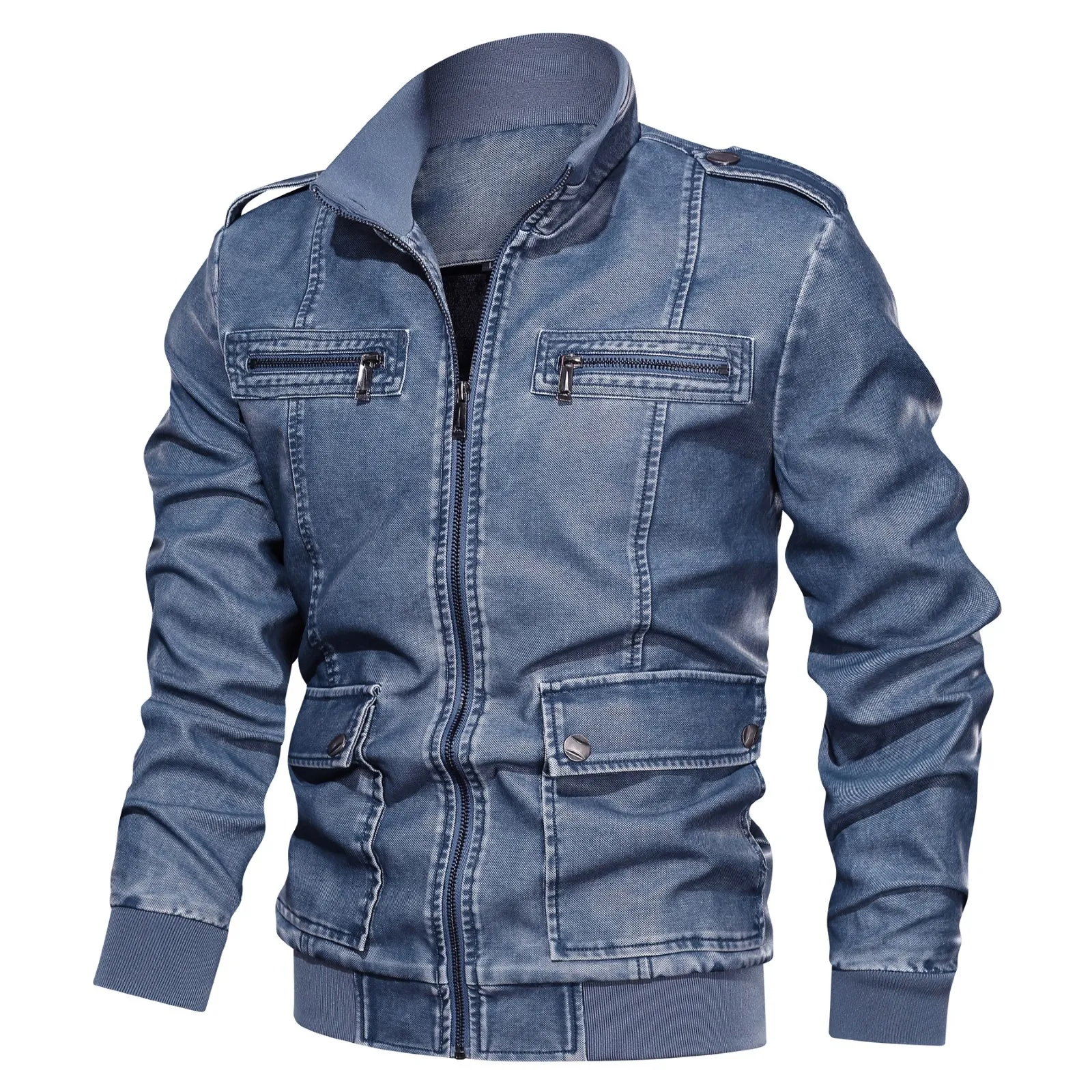 

Men's Solid Color Motorcycle Jacket Stand Collar Thick Leather Jacket