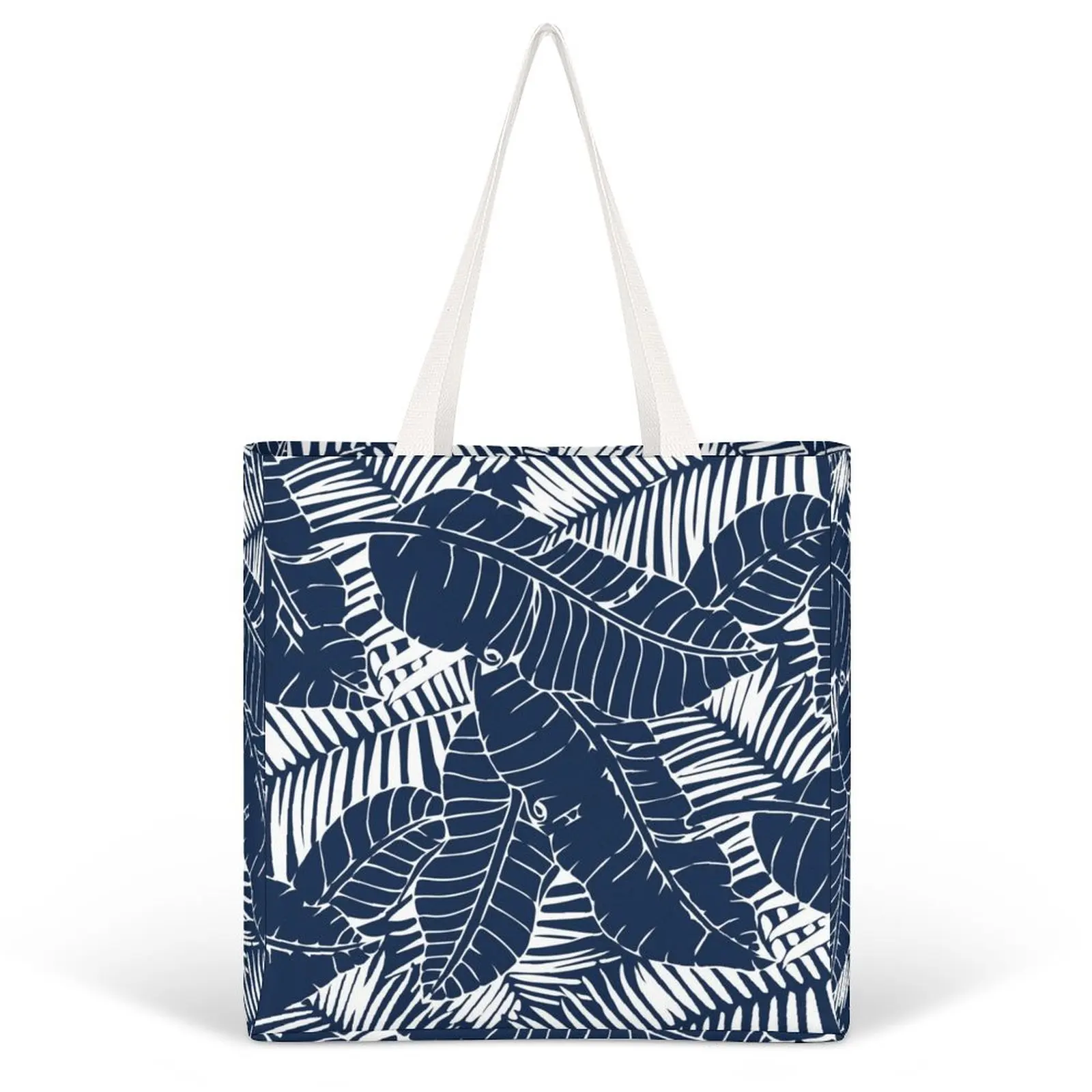 

Customized Printed Cloth Canvas Tote Bag Blue Leaf Print Shopping Bag Large Capacity Double Strap Handbags Reusable Shopper Bags