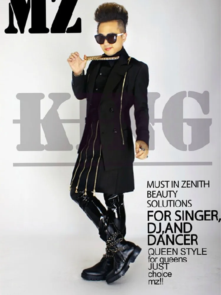 

Пальто для ночных клубов, Мужская фирменная одежда для сцены, плиссированный фартук на молнии, облегающая куртка, двубортный костюм