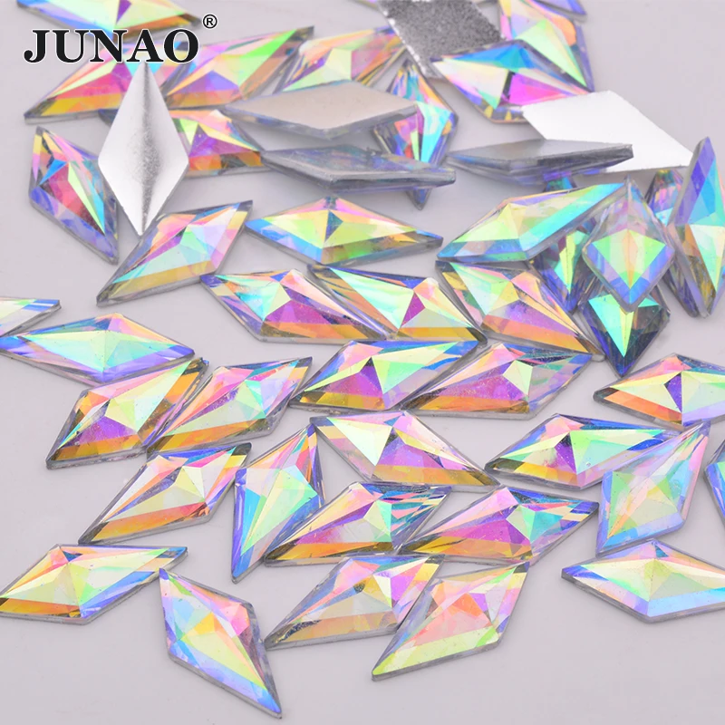 

JUNAO 40Pcs 10*22mm Glitter Crystal AB Rhombus Rhinestone Flatback Resin Strass Stone For DIY Clothing Accessories Free Shipping
