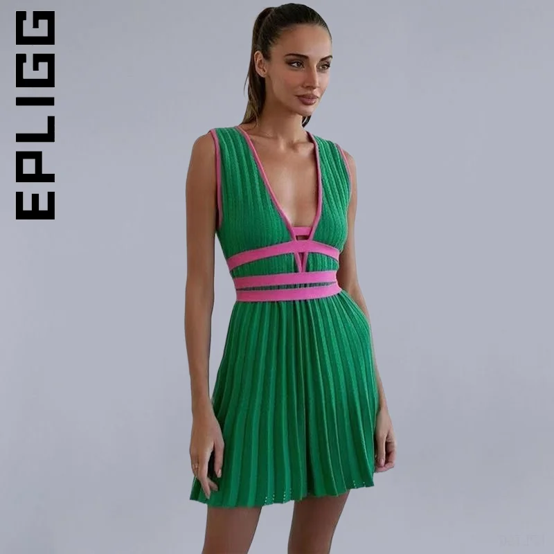 

Epligg Fashion Dress Women V-neck Fashion Stitching Sleeveless Slim Dresses Soft Temperament Sexy Dress Woman Clothes Female