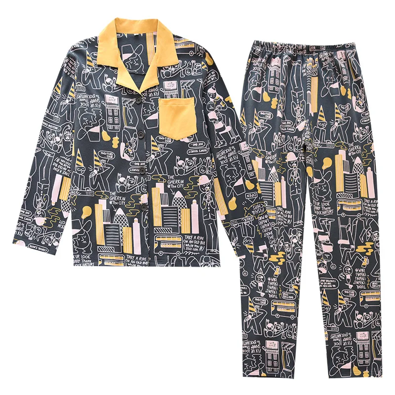 

Корейская комиксная вязаная Пижама для пар на весну и осень домашние костюмы хлопковая свободная пижама с длинным рукавом с отворотом муль...