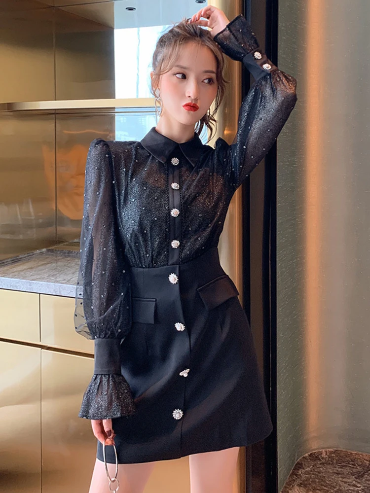 

Spring Women Mini Dress Elegant Sheer Mesh Patchwork Puff Sleeve High Waist Single Breasted Shine Diamond Femme Office Vestido