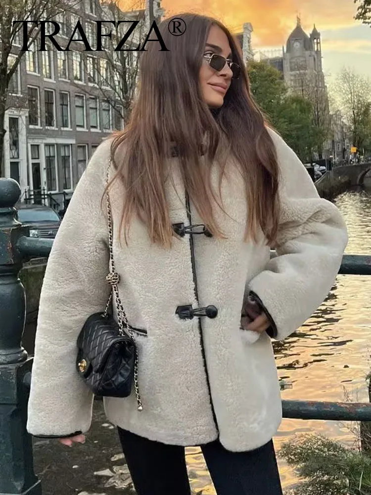 

TRAFZA Women Thicken Lamb Plush Jacket Elegant O-neck Button Loose Long Sleeve Female Coat Winter Fashion Fur Integrated Outwear