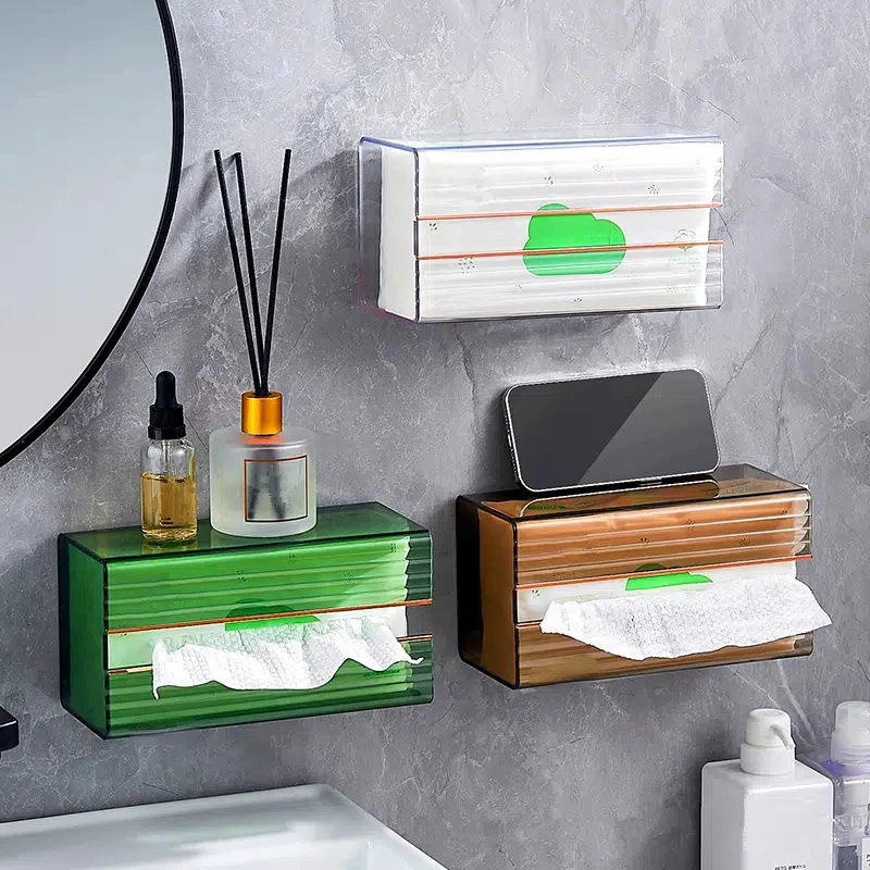 

1pc Tissue Box Wall-mounted Paper Box, Facial Tissue And Face Towel Storage Toilet & Kitchen Organizer Without Punching