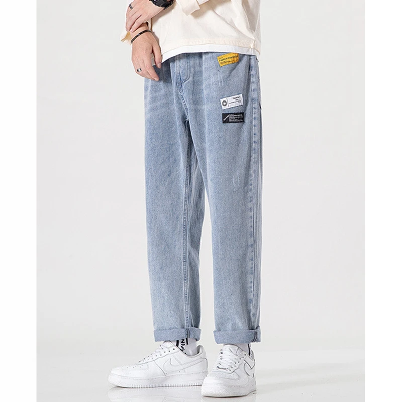 Men Jeans Streetwear Vintage Jeans Summer Solid Loose Jeans Korean Style Jeans Men's Lace-up Mid-Waist Denim Straight-Leg Pants