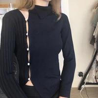 front lapel sexy hollow slim t shirt knitwear solid color buttoned diagonal split long sleeve top fashion casual clothes 2022