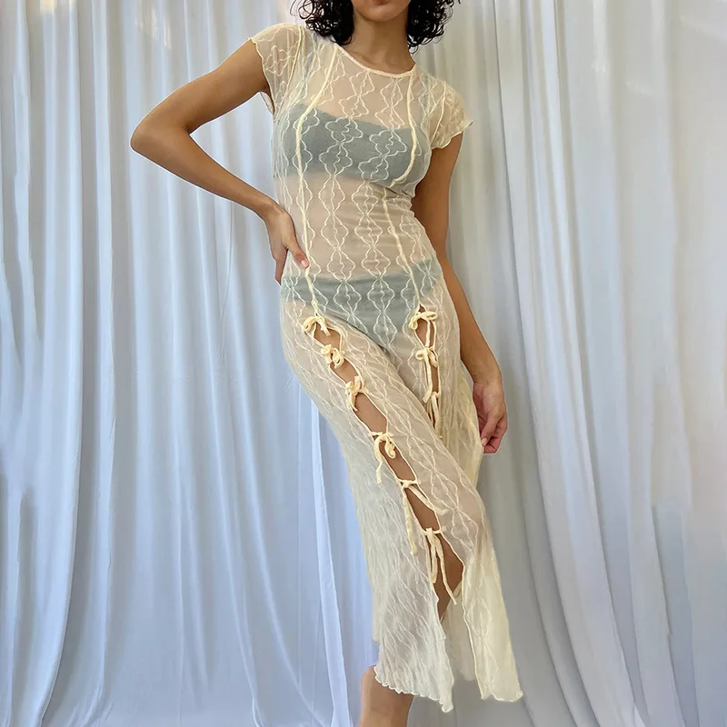 

Женское летнее Прозрачное платье, сексуальная накидка-жилет с коротким рукавом и круглым вырезом, одежда для плавания, женские сарафаны в стиле бохо