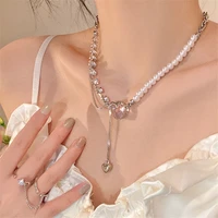 new fashion trend french retro diamond pearl stitching love romantic pendant tassel necklace womens wedding jewelry party gift
