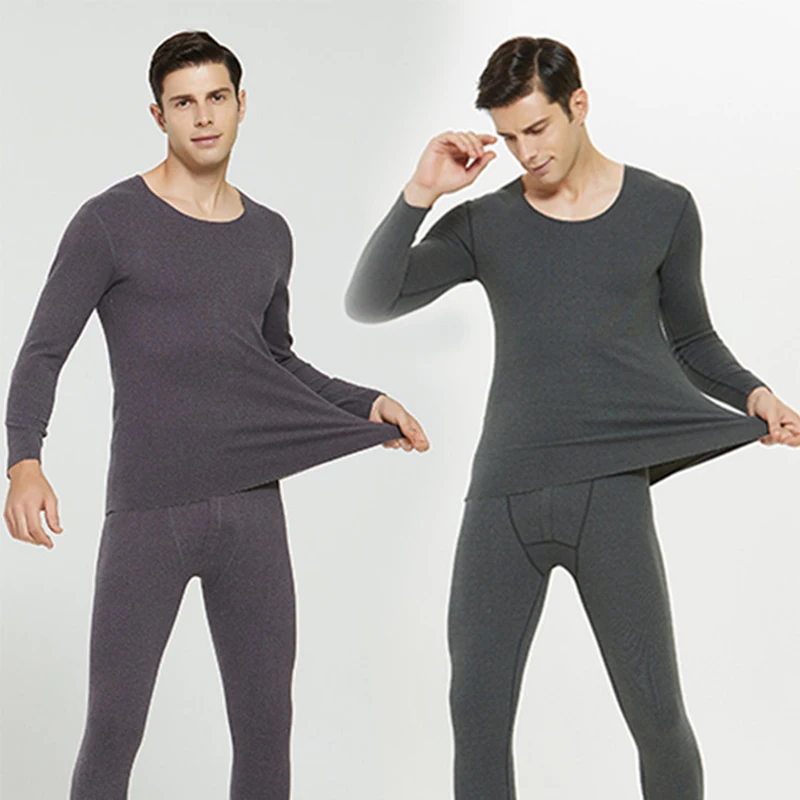 Men's Long Johns 2Pcs Seamless Thermal Underwear Set Male Round Neck Long Trousers + Shirt Suit Autumn Winter Thermo Clothing