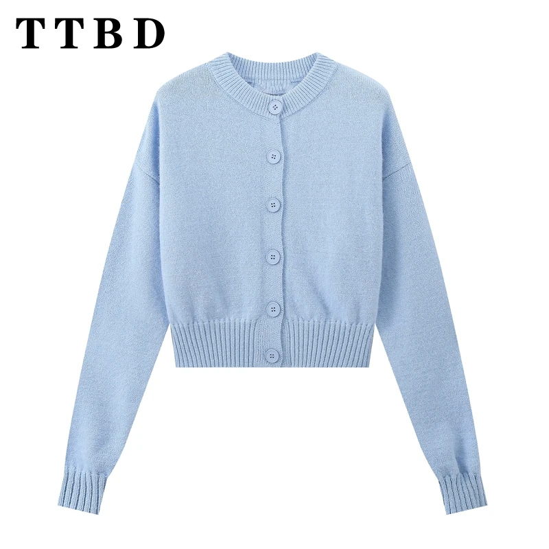 TTBD женский осенний винтажный однобортный кардиган с длинными рукавами и круглым